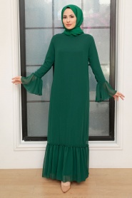 Neva Style - Kol Ucu Volanlı Yeşil Tesettür Elbise 5729Y - Thumbnail