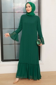 Neva Style - Kol Ucu Volanlı Yeşil Tesettür Elbise 5729Y - Thumbnail