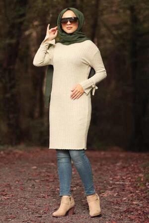 Neva Style - Kolları Bağcıklı Bej Tesettür Triko Tunik 15109BEJ - 1