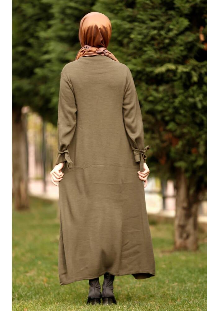 Neva Style - Kolları Bağcıklı Haki Tesettür Triko Tunik 2936HK - 2