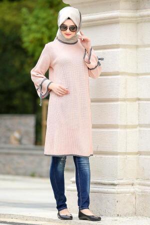 Neva Style - Kolları Bağcıklı Pudra Tesettür Triko Tunik 2604PD - 1