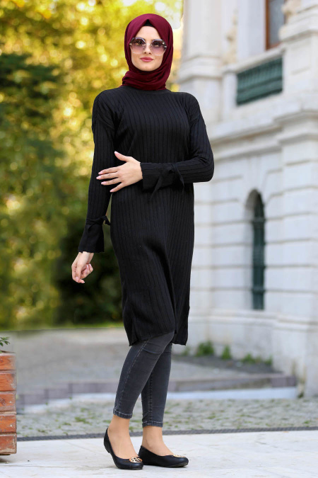 Neva Style - Kolları Bağcıklı Siyah Tesettür Triko Tunik 15109S