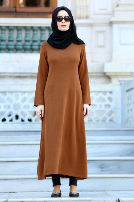 Neva Style - Kolları Bağcıklı Taba Tesettür Triko Tunik 2936TB - 1