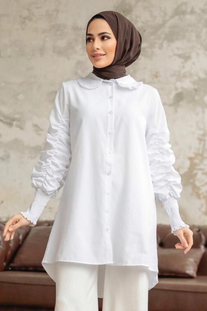 Neva Style - Kolları Büzgülü Beyaz Tesettür Gömlek 10661B - 1