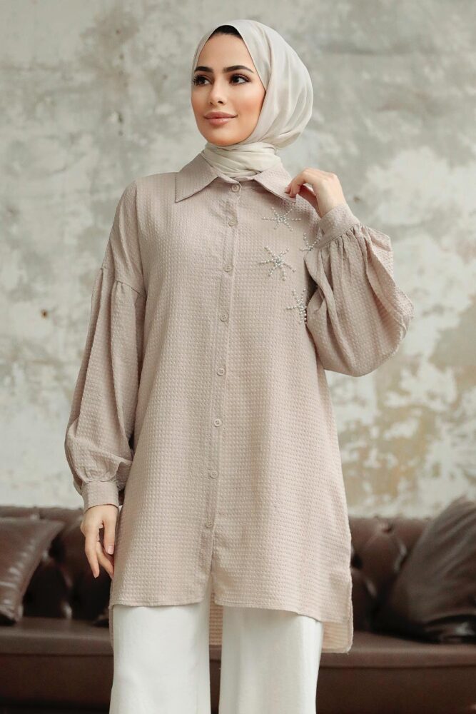 Neva Style - Boncuk Detaylı Bej Tesettür Tunik 11221BEJ - 2