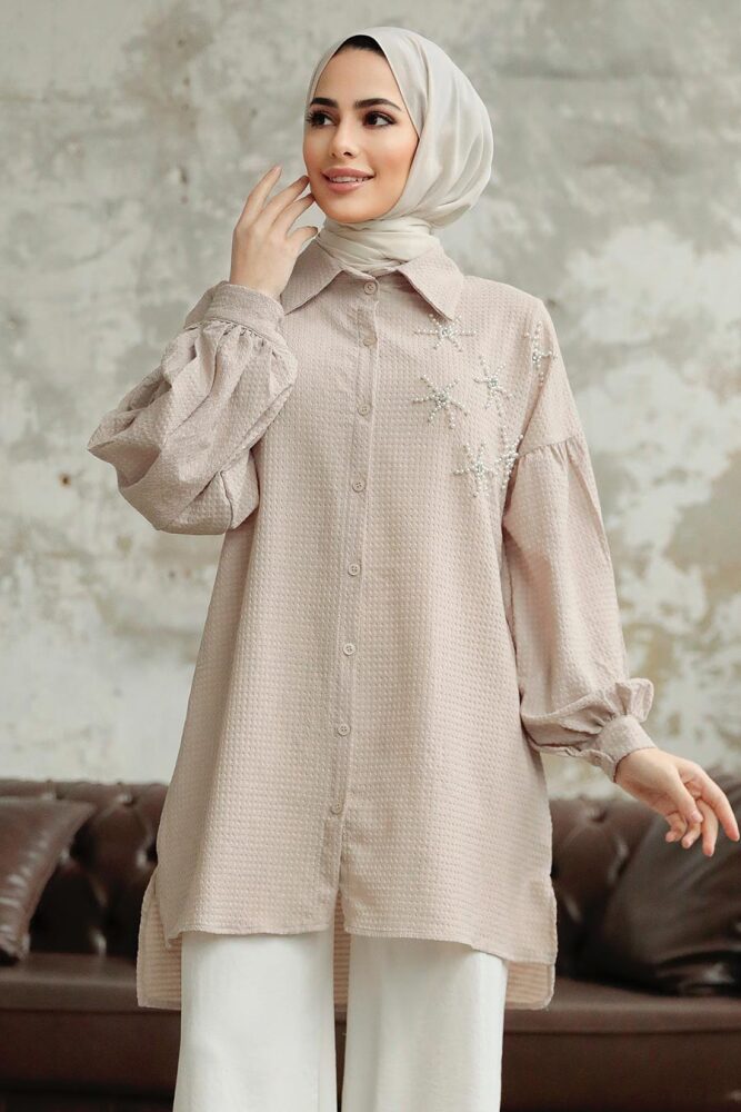 Neva Style - Boncuk Detaylı Bej Tesettür Tunik 11221BEJ - NEVA STYLE