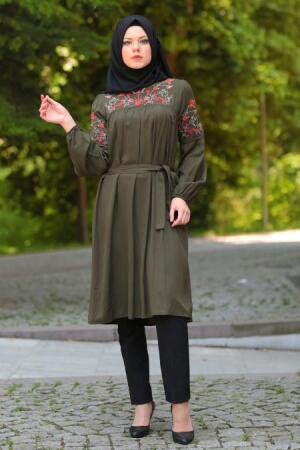 Neva Style - Kolları Büzgülü Yeşil Tesettür Tunik 52270Y - 1