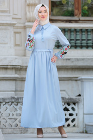 Neva Style - Kolları Çiçek İşlemeli Bebek Mavisi Tesettür Elbise 41280BM - Thumbnail