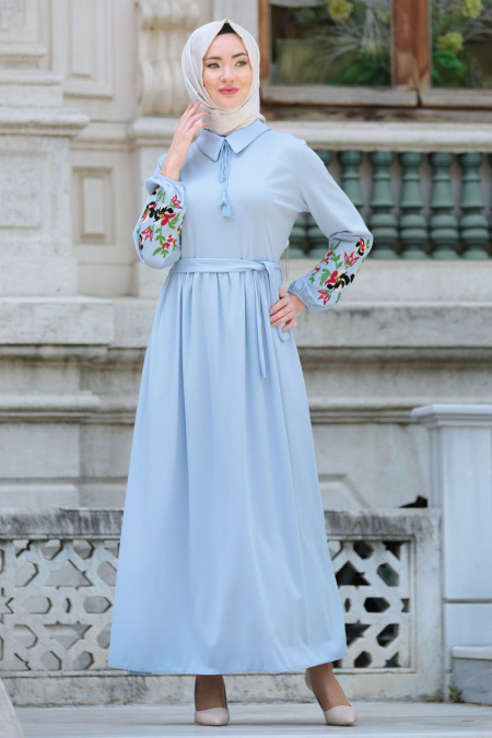 Neva Style - Kolları Çiçek İşlemeli Bebek Mavisi Tesettür Elbise 41280BM