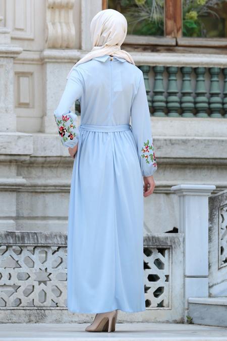 Neva Style - Kolları Çiçek İşlemeli Bebek Mavisi Tesettür Elbise 41280BM - 3