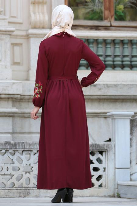 Neva Style - Kolları Çiçek İşlemeli Bordo Tesettür Elbise 41280BR - 3