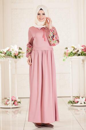 Neva Style - Kolları Çiçek İşlemeli Gül Kurusu Tesettür Elbise 41280GK - 1