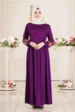Neva Style - Kolları Çiçek İşlemeli Mor Tesettür Elbise 41280MOR - 1