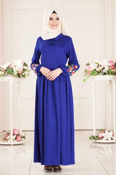 Neva Style - Kolları Çiçek İşlemeli Saks Mavisi Tesettür Elbise 41280SX