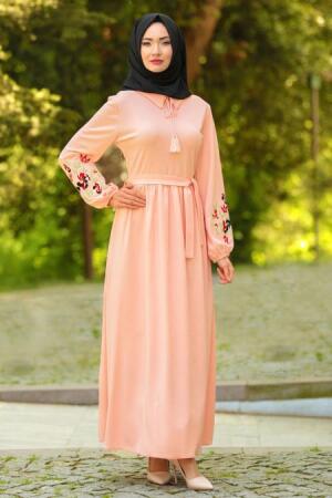 Neva Style - Kolları Çiçek İşlemeli Somon Tesettür Elbise 41280SMN - 1
