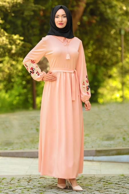 Neva Style - Kolları Çiçek İşlemeli Somon Tesettür Elbise 41280SMN - 1
