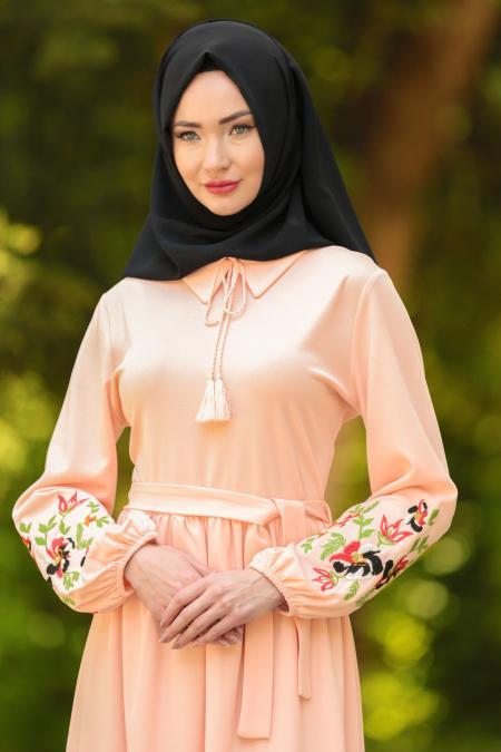Neva Style - Kolları Çiçek İşlemeli Somon Tesettür Elbise 41280SMN - 2