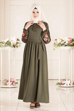 Neva Style - Kolları Çiçek İşlemeli Yeşil Tesettür Elbise 41280Y - 1