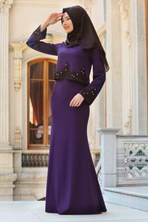 Neva Style - Kolları Dantel Detaylı Mor Tesettür Abiye Elbise 10053MOR - 1