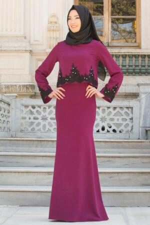 Neva Style - Kolları Dantel Detaylı Mürdüm Tesettür Abiye Elbise 10053MU - 1