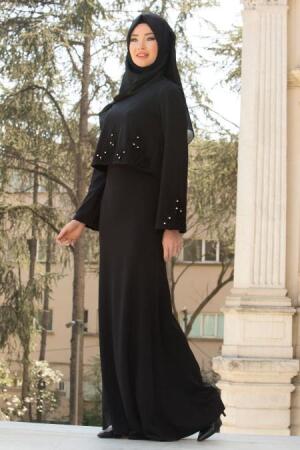 Neva Style - Kolları Dantel Detaylı Siyah Tesettür Abiye Elbise 10053S - 1