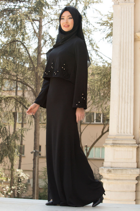 Neva Style - Kolları Dantel Detaylı Siyah Tesettür Abiye Elbise 10053S