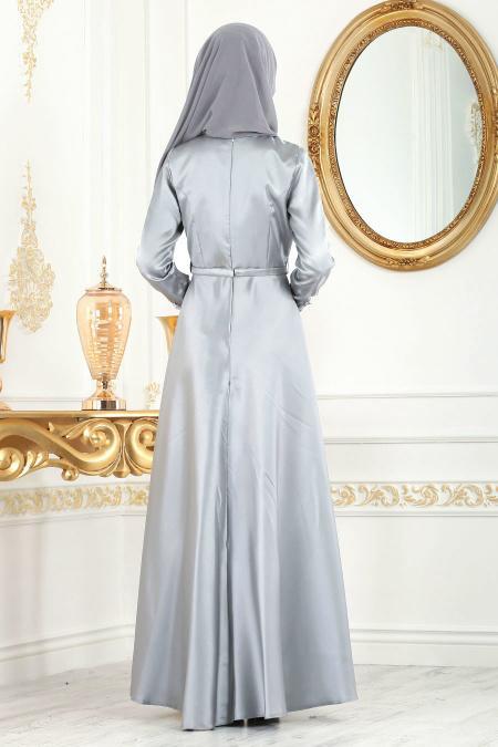 Neva Style - Kolları Dantelli Gri Tesettür Abiye Elbise 3516GR - 2