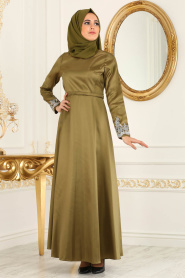 Neva Style - Kolları Dantelli Yağ Yeşili Tesettür Abiye Elbise 3516YY - Thumbnail