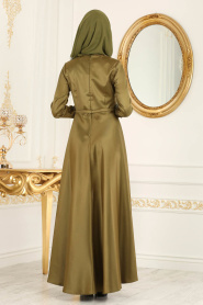 Neva Style - Kolları Dantelli Yağ Yeşili Tesettür Abiye Elbise 3516YY - Thumbnail
