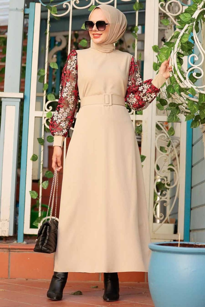 Neva Style - Kolları Desenli Bej Tesettür Elbise 7647BEJ - 1