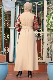 Neva Style - Kolları Desenli Bej Tesettür Elbise 7647BEJ - Thumbnail