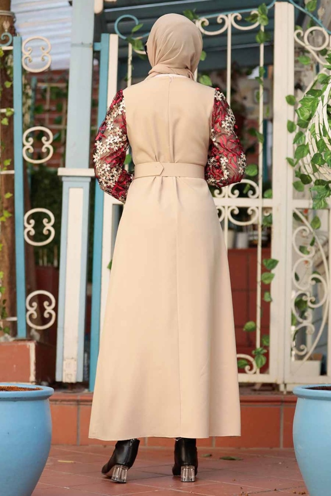 Neva Style - Kolları Desenli Bej Tesettür Elbise 7647BEJ - 3