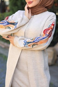 Neva Style - Kolları Desenli Bej Tesettür Triko İkili Takım 2200BEJ - Thumbnail