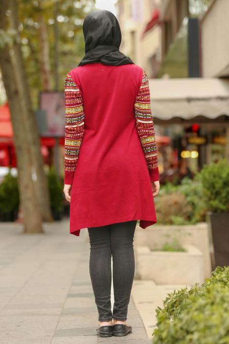 Neva Style - Kolları Desenli Bordo Tesettür Triko Tunik 15367BR - 2