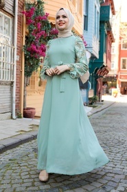 Neva Style - Kolları Desenli Çağla Yeşili Tesettür Elbise 12327CY - Thumbnail