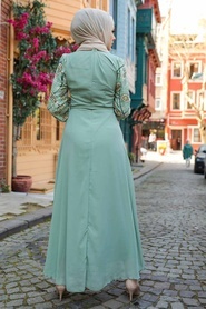 Neva Style - Kolları Desenli Çağla Yeşili Tesettür Elbise 12327CY - Thumbnail