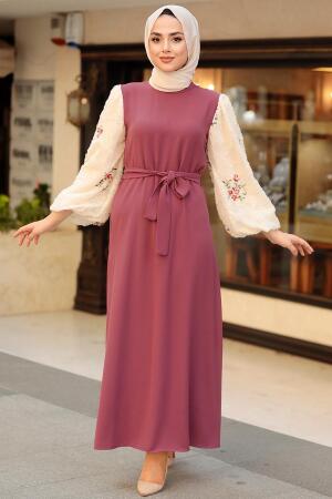  Kolları Desenli Gül Kurusu Tesettür Elbise 12152GK - 1