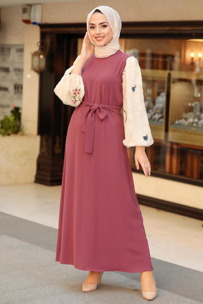  Kolları Desenli Gül Kurusu Tesettür Elbise 12152GK - 2