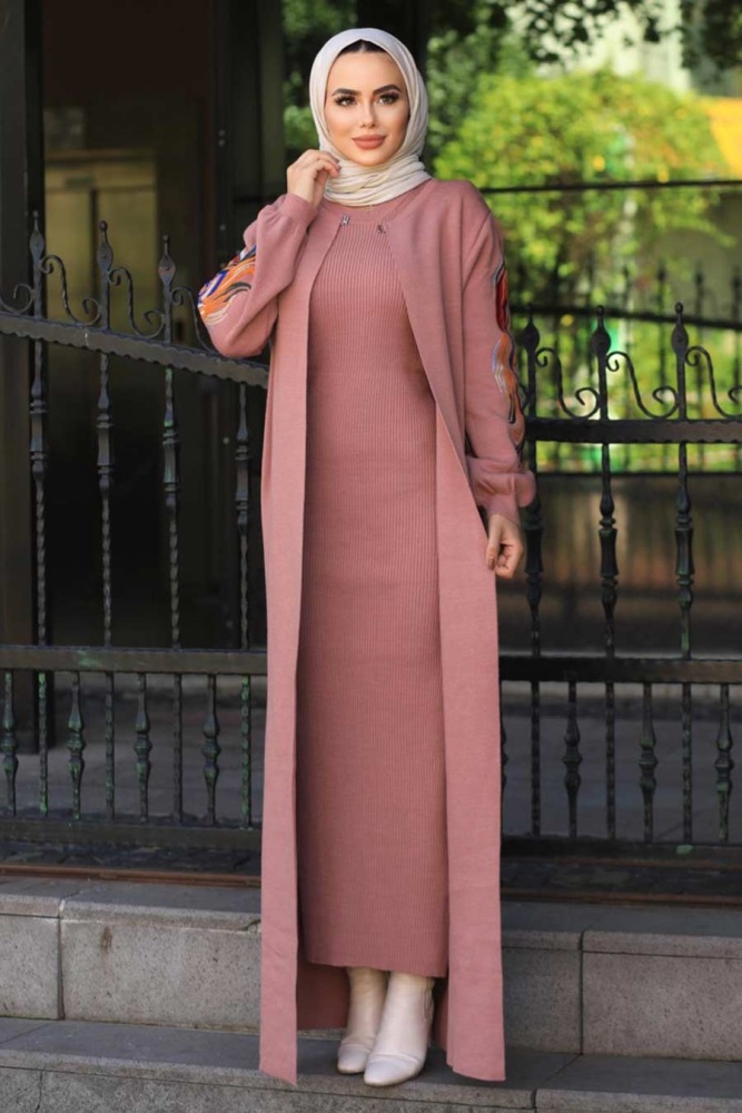 Neva Style - Kolları Desenli Gül Kurusu Tesettür Triko İkili Takım 2200GK - 2