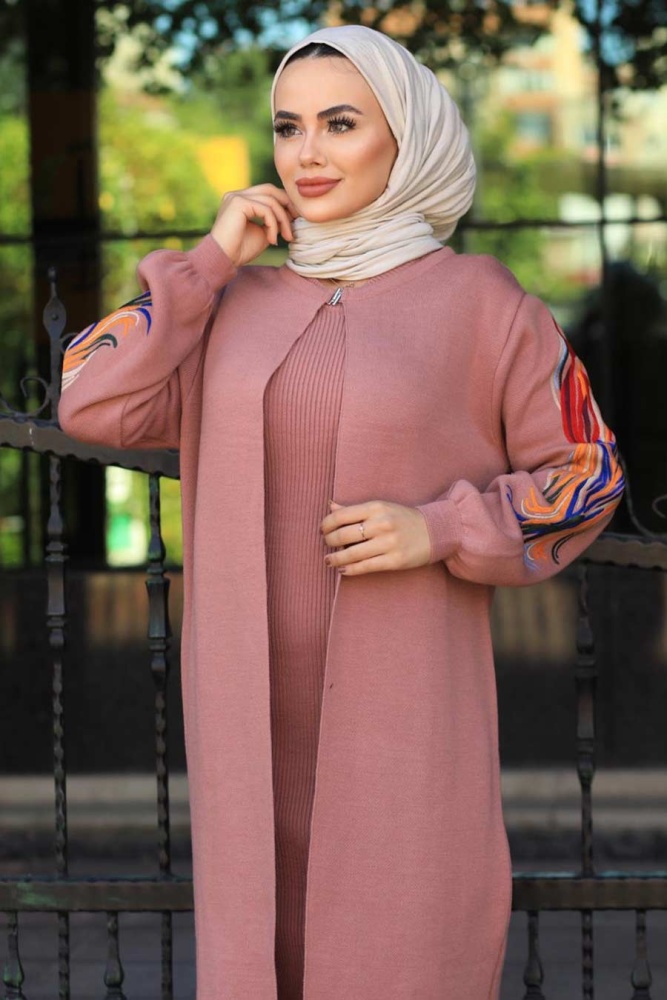 Neva Style - Kolları Desenli Gül Kurusu Tesettür Triko İkili Takım 2200GK - 3