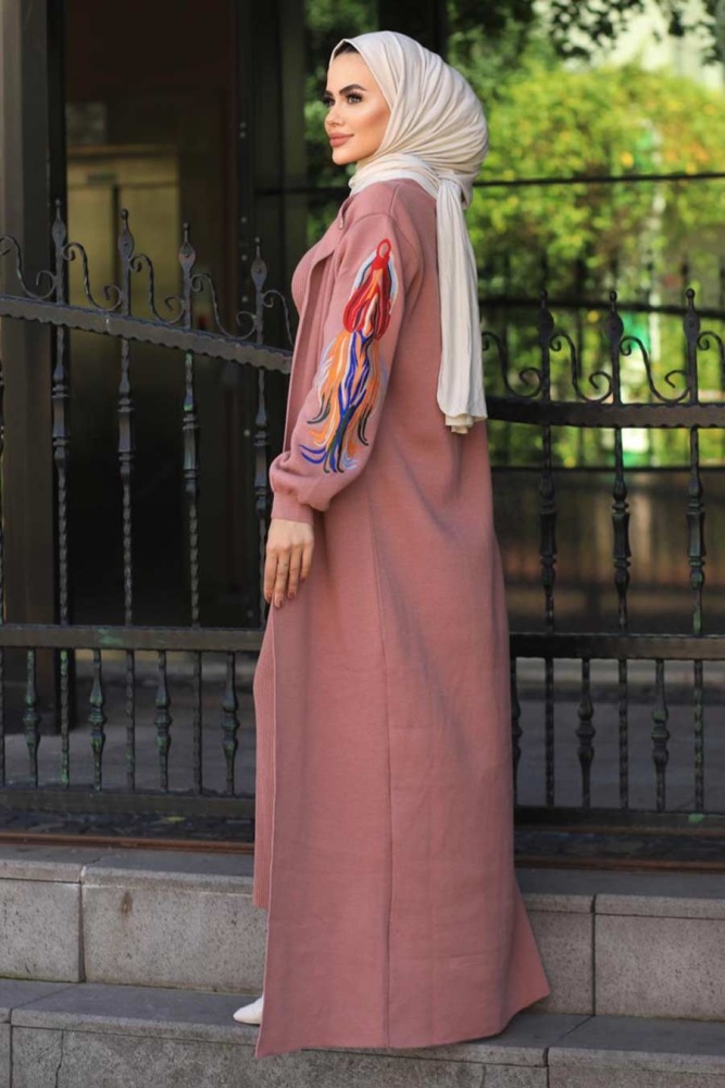 Neva Style - Kolları Desenli Gül Kurusu Tesettür Triko İkili Takım 2200GK - 4