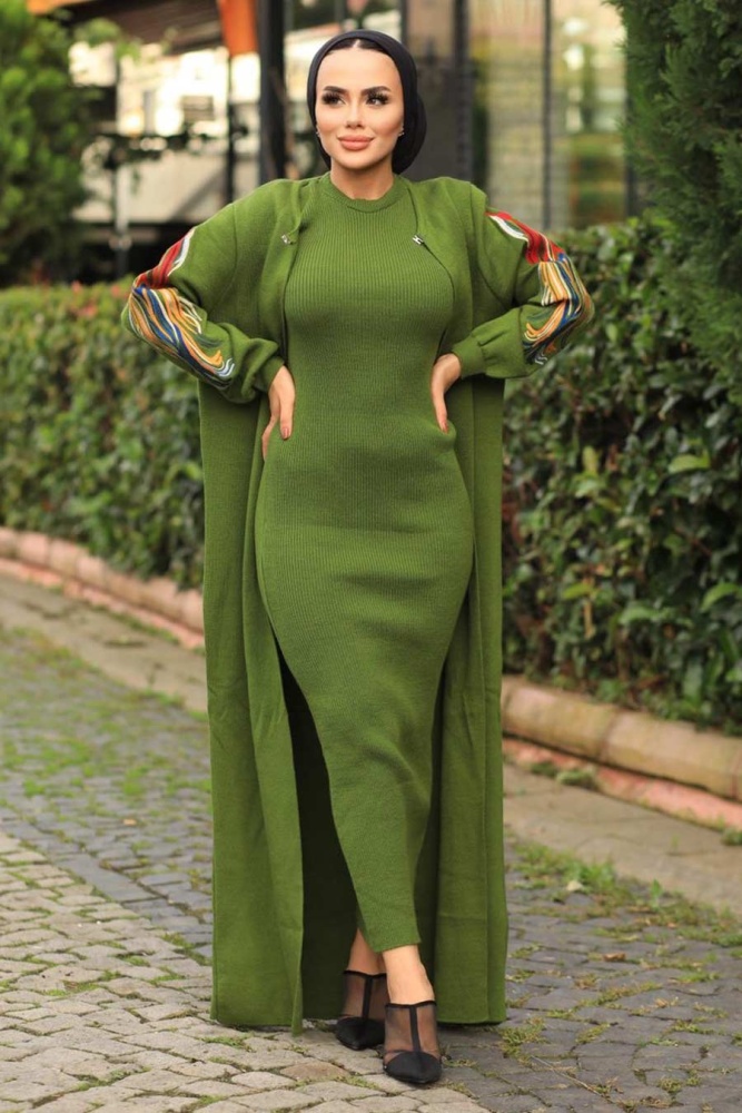 Neva Style - Kolları Desenli Haki Tesettür Triko İkili Takım 2200HK - 1