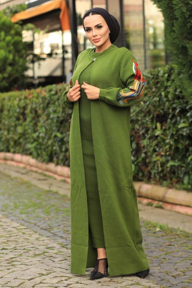 Neva Style - Kolları Desenli Haki Tesettür Triko İkili Takım 2200HK - 2