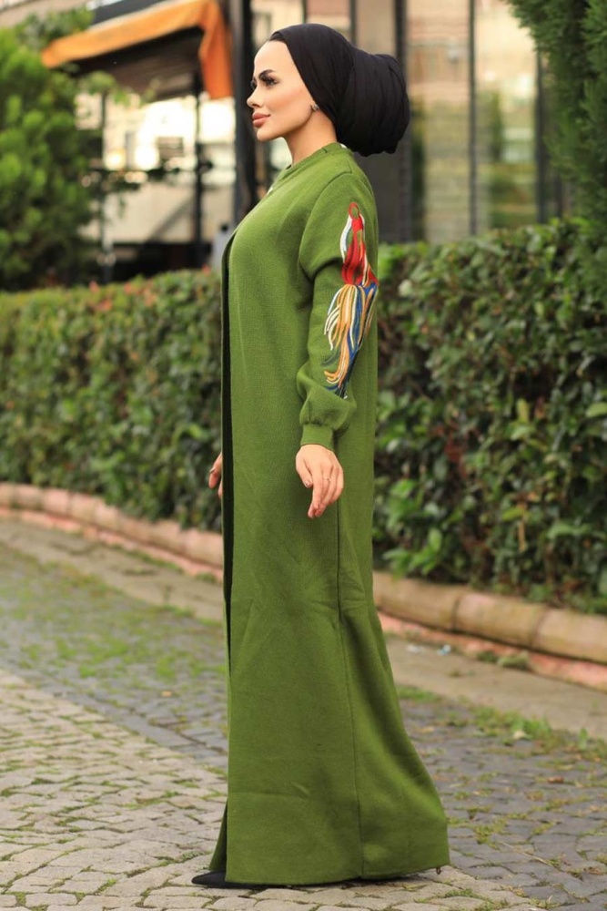 Neva Style - Kolları Desenli Haki Tesettür Triko İkili Takım 2200HK - 3
