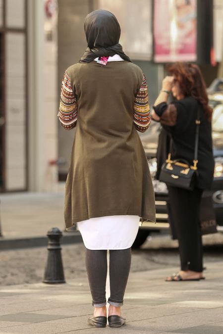 Neva Style - Kolları Desenli Haki Tesettür Triko Tunik 15367HK - 2