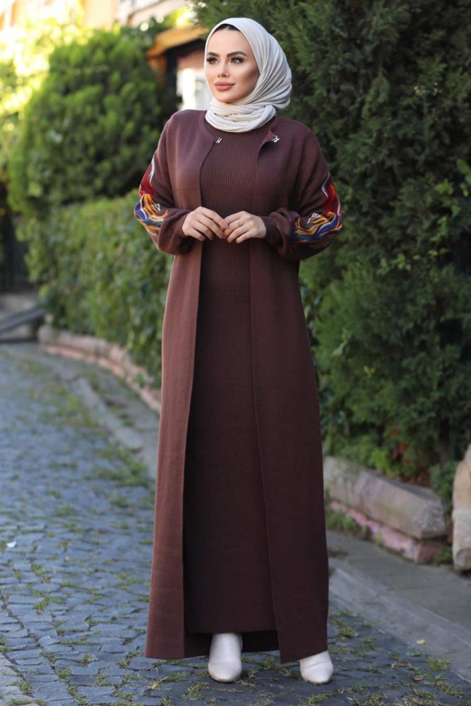 Neva Style - Kolları Desenli Kahverengi Tesettür Triko İkili Takım 2200KH - 1