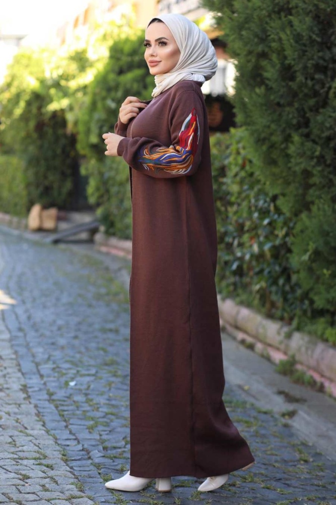 Neva Style - Kolları Desenli Kahverengi Tesettür Triko İkili Takım 2200KH - 2