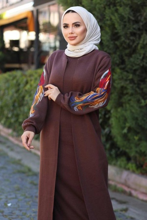 Neva Style - Kolları Desenli Kahverengi Tesettür Triko İkili Takım 2200KH - 3