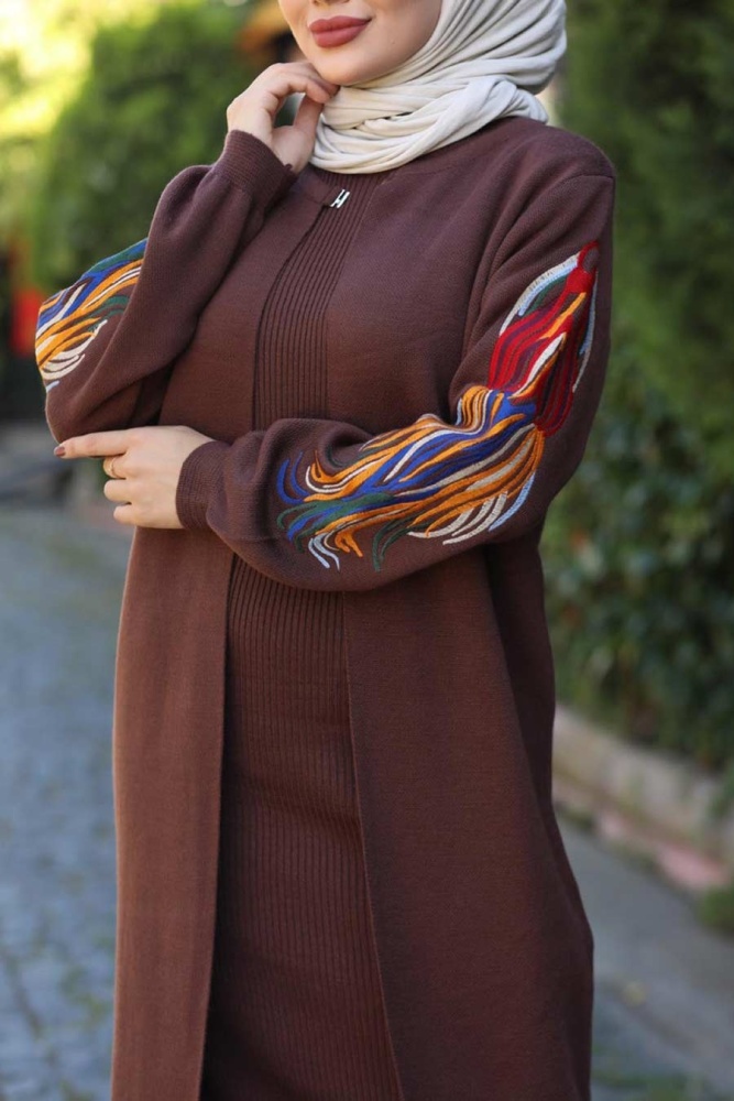 Neva Style - Kolları Desenli Kahverengi Tesettür Triko İkili Takım 2200KH - 4