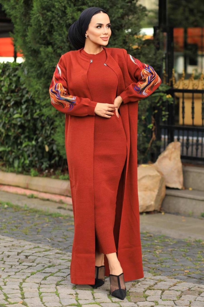 Neva Style - Kolları Desenli Kiremit Tesettür Triko İkili Takım 2200KRMT - 1